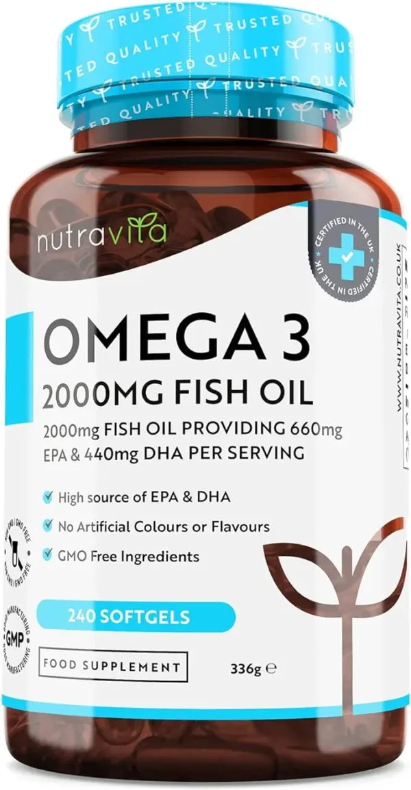 Omega 3 2000mg with 660mg EPA & 440mg DHA per Serving - 240 Softgel Capsules of Sustainably Sourced Pure Omega 3 Fish Oil - Made in The UK by Nutravita