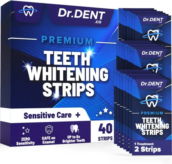 DrDent Premium Teeth Whitening Strips - 20 Sessions Non-Sensitive Formula 40 Peroxide Free Safe for Enamel + Mouth Opener Included